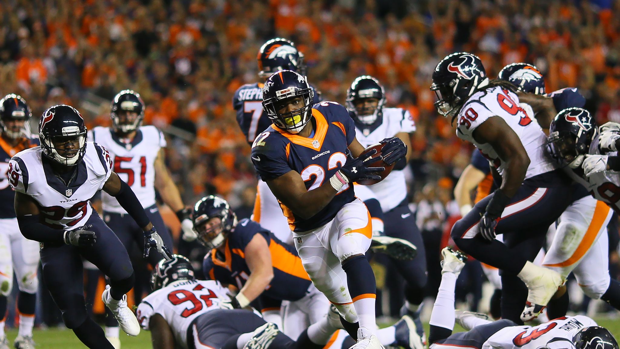 Denver Broncos running back C.J. Anderson celebrates winning the