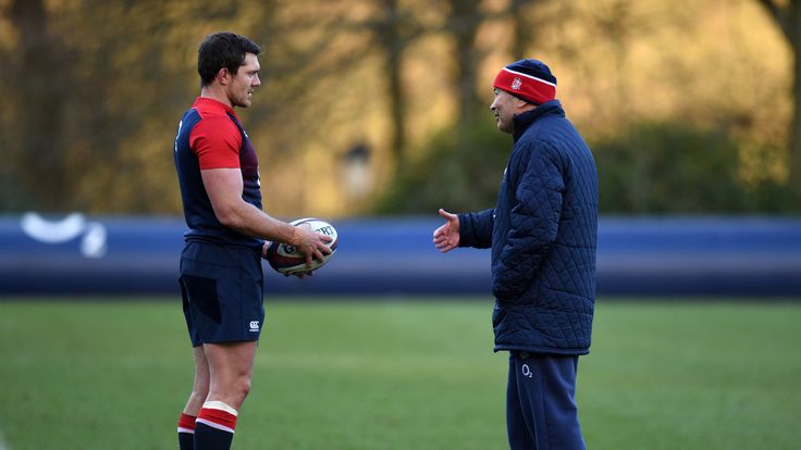 England coach Eddie Jones (right) and Alex Goode during a training session at Pennyhill Park, Bagshot, February 2016