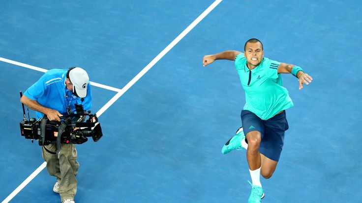 Jo-Wilfried Tsonga of France celebrates winning match point in his third round match against Pierre-Hugues Herbert in Australia