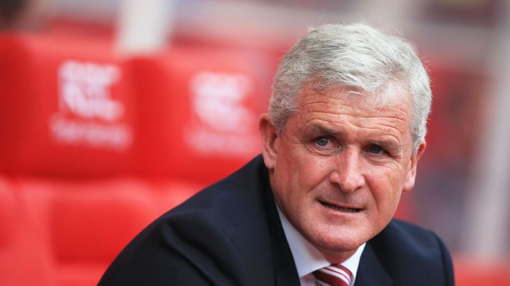 Mark Hughes looks on during the Premier League match between Stoke City and West Bromwich Albion