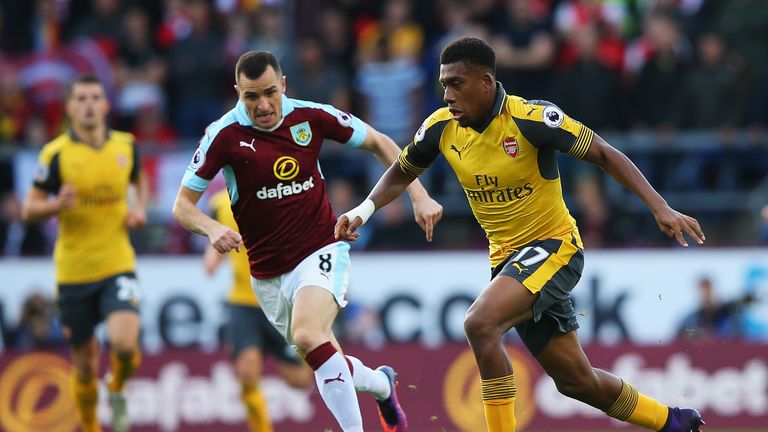 Alex Iwobi is closed down by Dean Marney