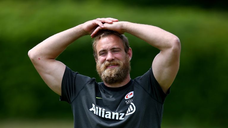 Alistair Hargreaves of Saracens looks on during a training session on May 26, 2015 in St Albans, England.
