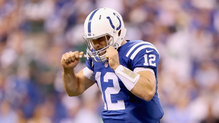 INDIANAPOLIS, IN - SEPTEMBER 21:  Andrew Luck #12 of the Indianapolis Colts screams in frustration after fumbling away the ball  during the game against th