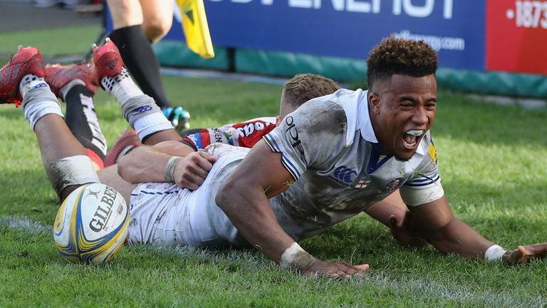 GLOUCESTER, ENGLAND - OCTOBER 01:  Anthony Watson of Bath celebrates after scoring the first try during the Aviva Premiership match between Gloucester and 