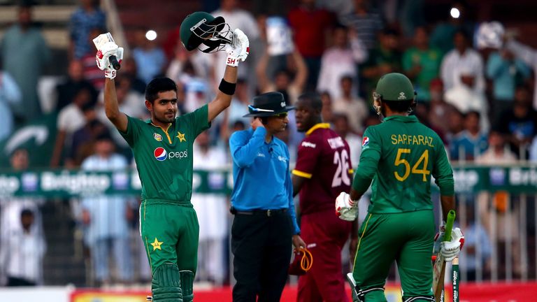 SHARJAH, UNITED ARAB EMIRATES - OCTOBER 02:  Babar Azam of Pakisatn celebrates after reaching his century during the second One Day International match bet