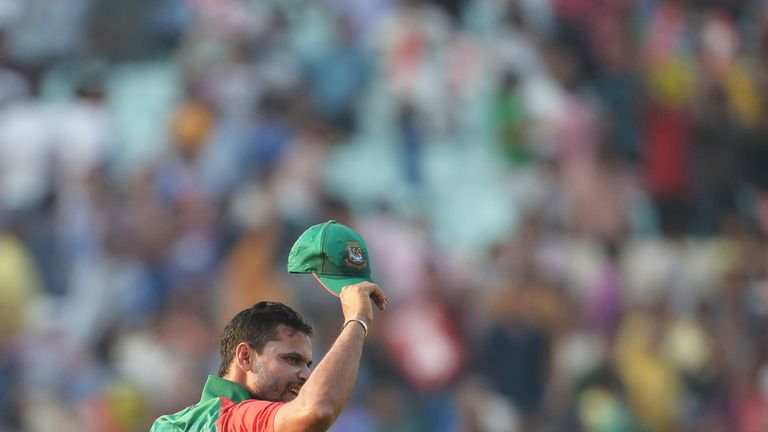 Bangladesh's captain Mashrafe Mortaza reacts to the crowd