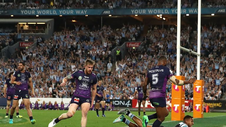 Ben Barba of the Sharks scores a try during the 2016 NRL Grand Final match between the Cronulla Sharks and the Melbourne Storm