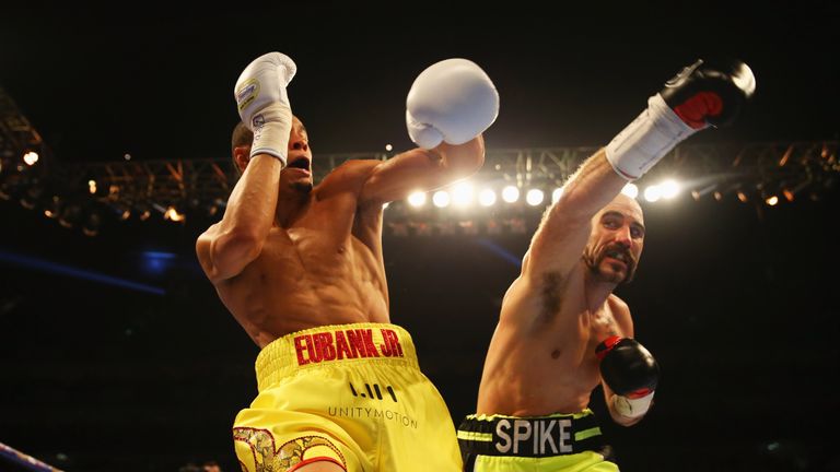 LONDON, ENGLAND - DECEMBER 12:  Chris Eubank Jr (L) and Gary O'Sullivan in action during the WBA Middleweight final eliminator contest at The O2 Arena on D