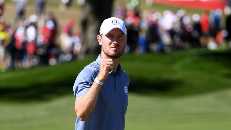 CHASKA, MN - OCTOBER 02: Chris Wood of Europe reacts on the first green during singles matches of the 2016 Ryder Cup at Hazeltine National Golf Club on Oct