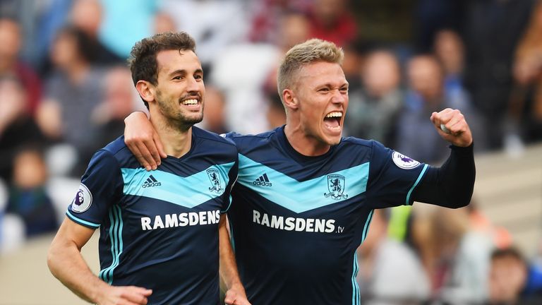 Cristhian Stuani (left) celebrates scoring Middlesbrough's opener with a header confirmed by goal line technology