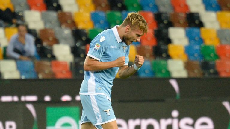 UDINE, ITALY - OCTOBER 01:  Ciro Immobile of SS Lazio celebrates after scoring his opening goal during the Serie A match between Udinese Calcio and SS Lazi
