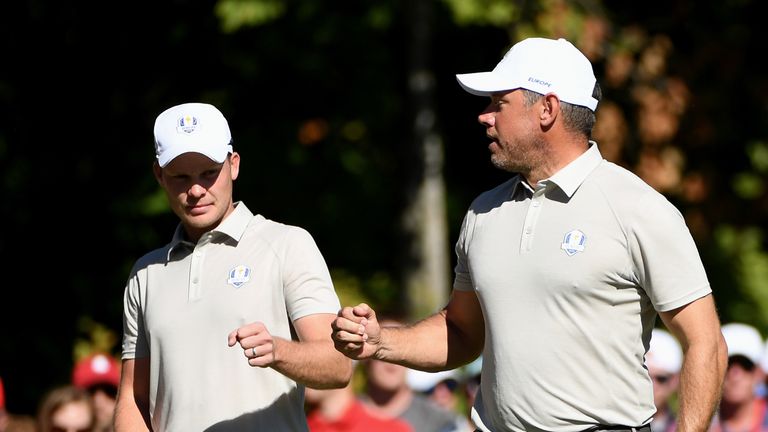 CHASKA, MN - OCTOBER 01:  Lee Westwood and Danny Willett of Europe react on the fifth green during afternoon fourball matches of the 2016 Ryder Cup at Haze