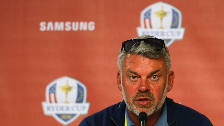 Darren Clarke speaks to the media after afternoon fourball matches of the 2016 Ryder Cup at Hazeltine National