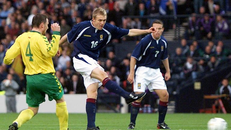 A 19-year-old Darren Fletcher scores for Scotland against Lithuania in October, 2003