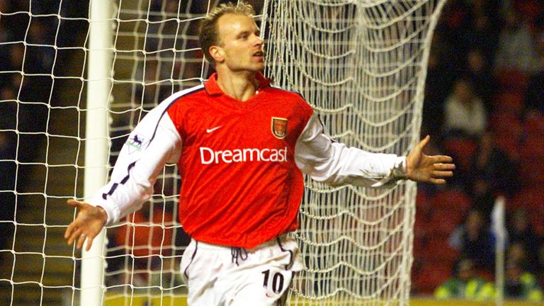 Dennis Bergkamp celebrates a goal for Arsenal
