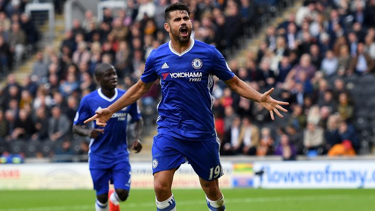 Diego Costa of Chelsea celebrates scoring at Hull in the sides' Premier League clash