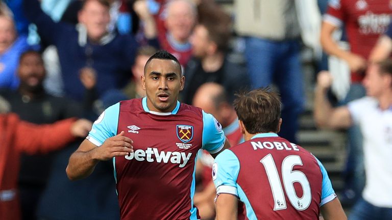 West Ham United's Dimitri Payet celebrates scoring his side's first goal during the Premier League match at London Stadium.