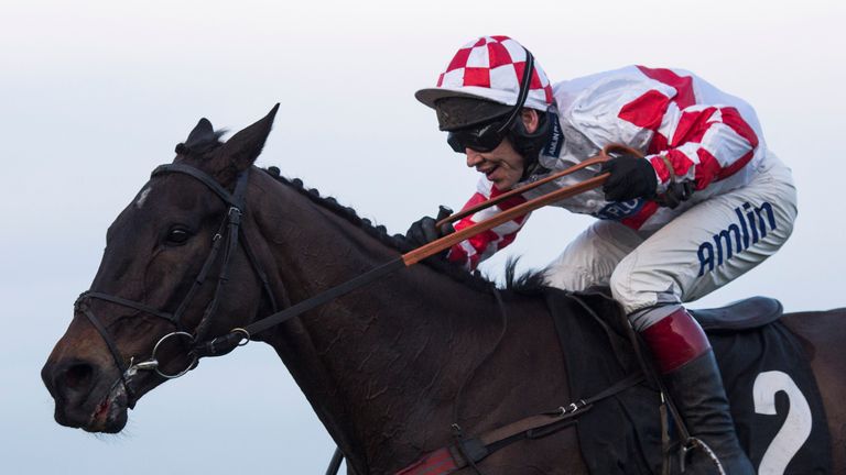 Duke Des Champs ridden by Richard Johnson pulls away from the last flight before going on to win The EBF Stallions Novices' Hurdle during the Clarence Hous
