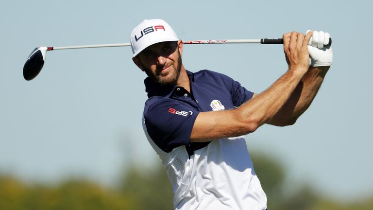 CHASKA, MN - OCTOBER 02: Dustin Johnson of the United States hits off the third tee during singles matches of the 2016 Ryder Cup at Hazeltine National Golf