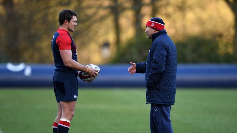 England coach Eddie Jones (right) and Alex Goode during a training session at Pennyhill Park, Bagshot, February 2016