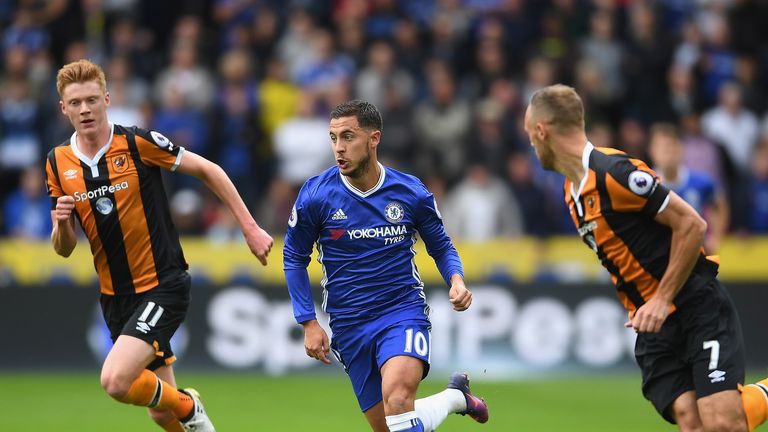 Eden Hazard of Chelsea in action during their Premier League game at Hull