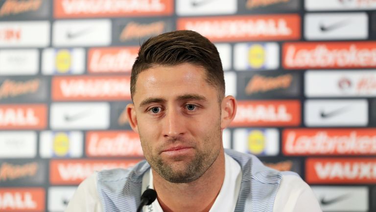 Gary Cahill attends an England press conference at St George's Park