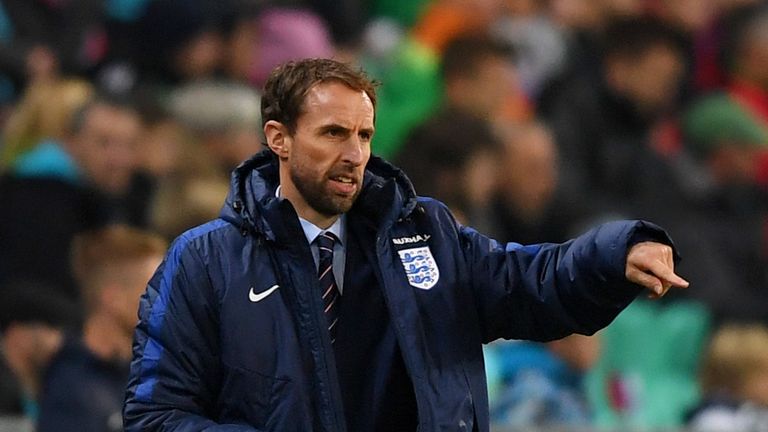 Interim England Manager Gareth Southgate issues instruction to his players during the FIFA 2018 World Cup Qualifier Group F v Slovenia