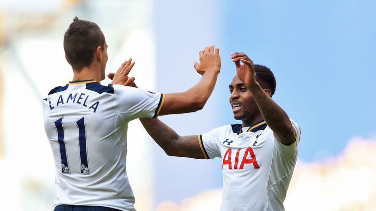 Erik Lamela celebrates with Danny Rose after Tottenham take the lead