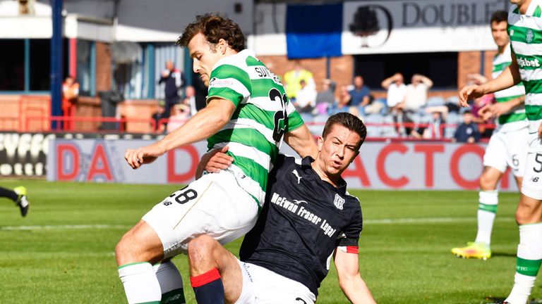 Dundee defender Cammy Kerr slides into Celtic's Erik Sviatchenko