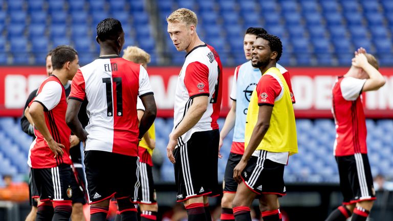 Danish Nicolai Jorgensen (C) of Feyenoord talks to his teammates during the first training of Feyenoord of the new football season in The Kuip Stadium, Rot