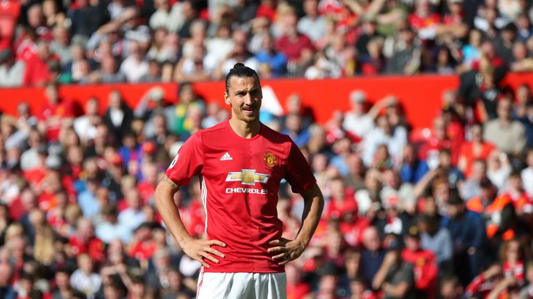 Zlatan Ibrahimovic looks on during the game at Old Trafford