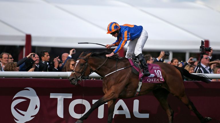 CHANTILLY, FRANCE - OCTOBER 02:  Ryan Moore celebrates after riding Found to win The Qatar Prix de l'Arc de Triomphe at Chantilly racecourse on October 02,