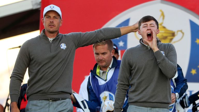 CHASKA, MN - OCTOBER 01: Henrik Stenson and Matt Fitzpatrick of Europe react on the first tee during morning foursome matches of the 2016 Ryder Cup at Haze
