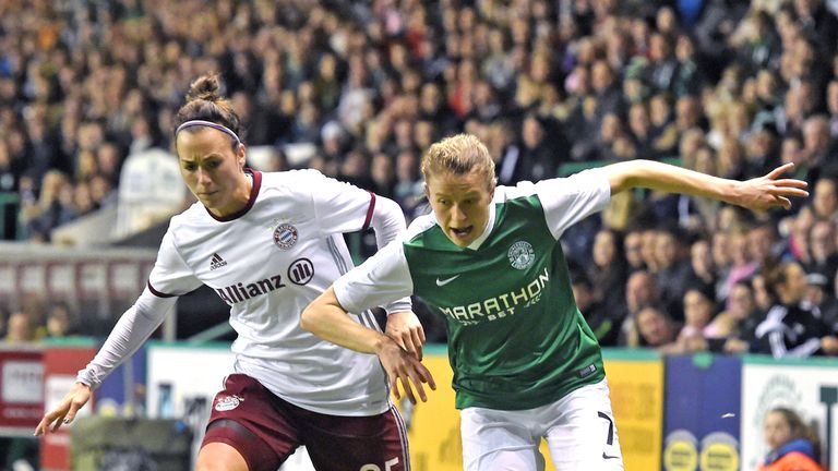 Bayern Munich's Viktoria Schnaderbeck (left) challenges Hibs' Lizzie Arnot