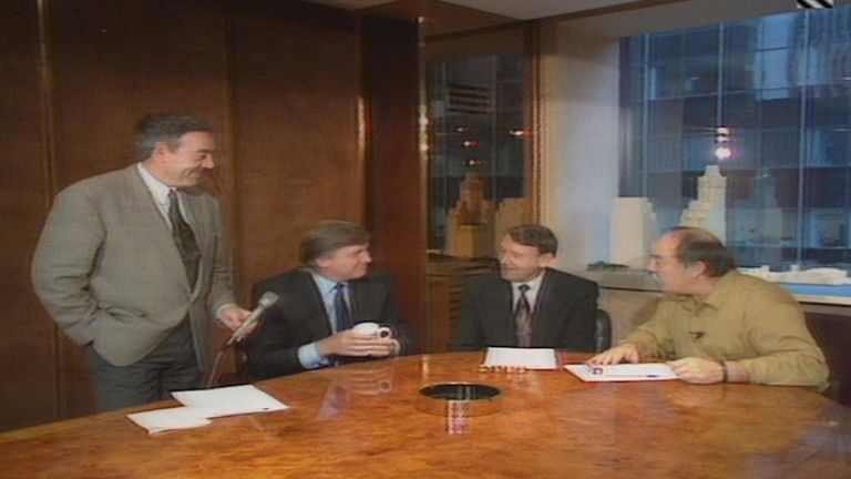 Ian St John and Jimmy Greaves - Saint and Greavsie - present the League Cup draw with Donald Trump in 1992