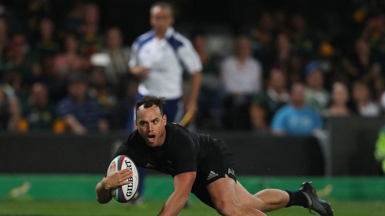 Israel Dagg of New Zealand scores a try against South Africa in the sides' Rugby Championship match