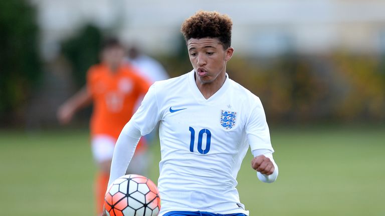 BOISSY-SAINT-LEGER, FRANCE - OCTOBER 29:  Jadon Sancho of England runs with the ball during the Tournoi International game between England U16 and the Neth