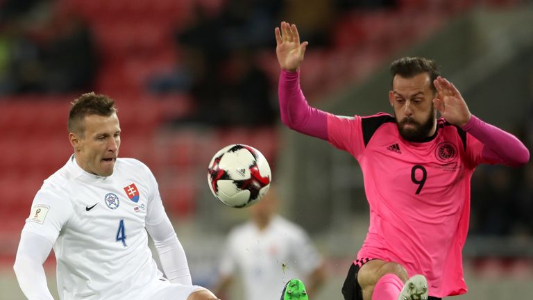 Slovakia's Jan Durica (left) and Scotland's Steven Fletcher (right) battle for the ball during the 2018 FIFA World Cup Qualifier at City Arena, Trnava
