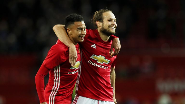 Manchester United's Jesse Lingard (left) and Daley Blind after the EFL Cup, round of 16 match v Man City at Old Trafford, Manchester