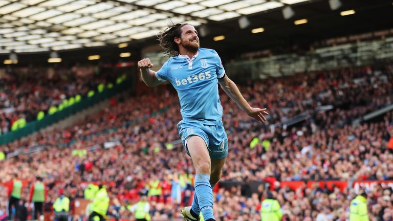 MANCHESTER, ENGLAND - OCTOBER 02: Joe Allen of Stoke City celebrates scoring his sides first goal during the Premier League match between Manchester United