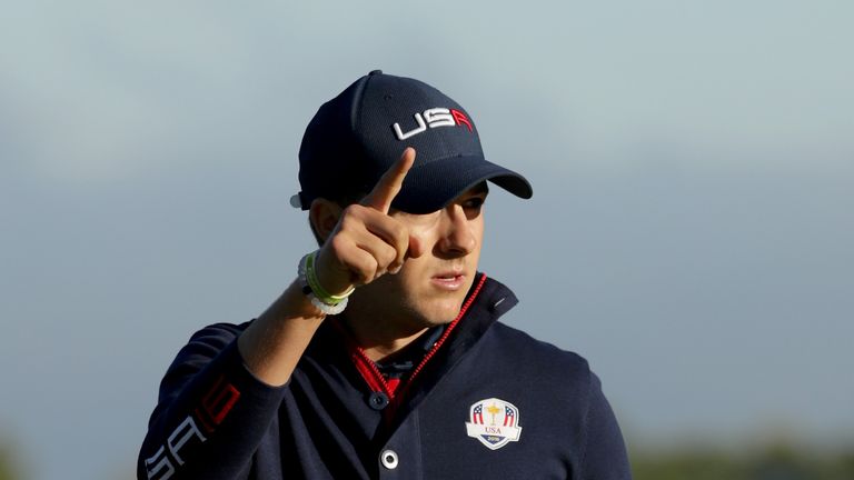 CHASKA, MN - OCTOBER 01:  Jordan Spieth of the United States reacts to a putt on the third green during morning foursome matches of the 2016 Ryder Cup at H