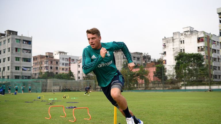 England captain Jos Buttler warms up during a nets session at Sher-e-Bangla National Cricket Stadium on October 2 2016
