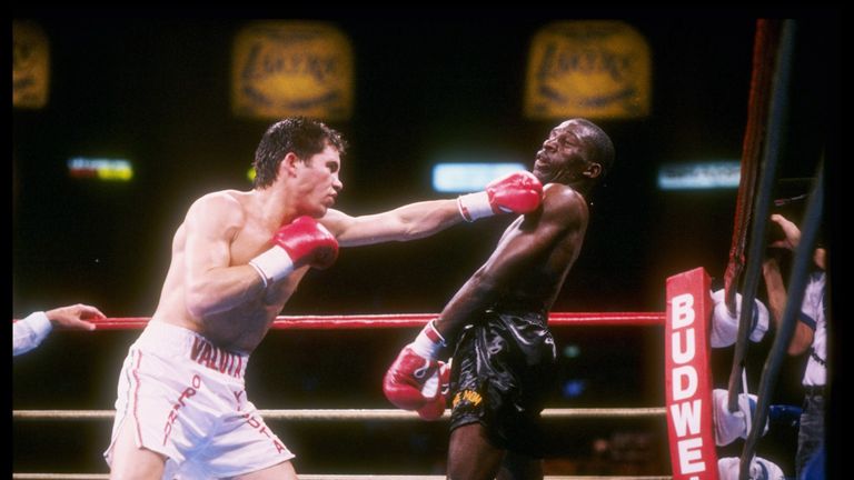 Julio Cesar Chavez throws a punch during a fight against Roger Mayweather