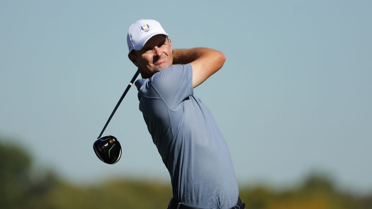 CHASKA, MN - OCTOBER 02: Justin Rose of Europe hits off the third tee during singles matches of the 2016 Ryder Cup at Hazeltine National Golf Club on Octob