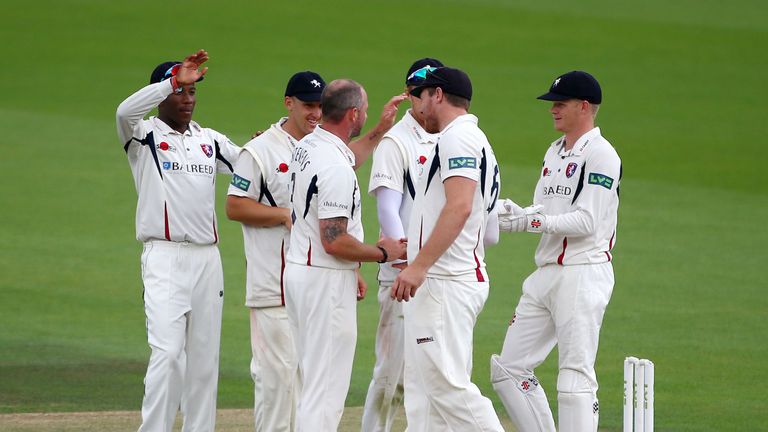 Darren Stevens of Kent celebrates taking the wicket of Zafar Ansari of Surrey during day three of the LV County Championship match