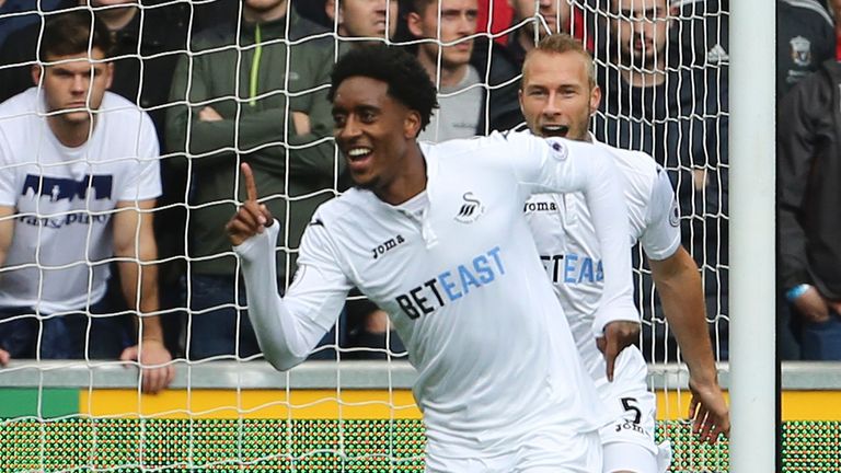 Leroy Fer celebrates opening the scoring in Swansea v Liverpool in the Premier League