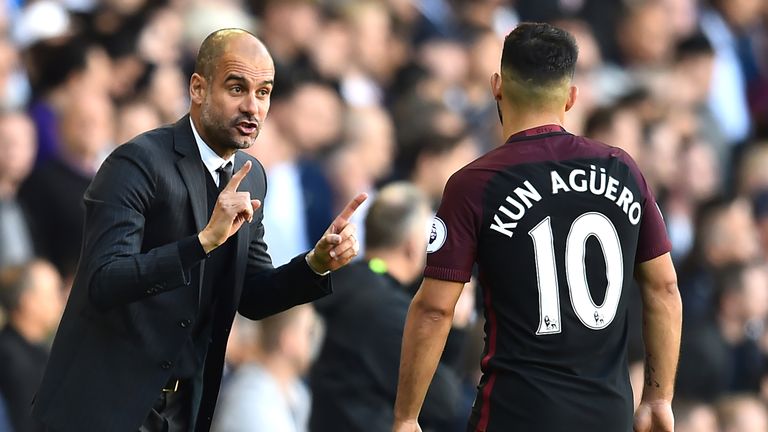 Pep Guardiola gives instructions to Sergio Aguero during the match at White Hart Lane 