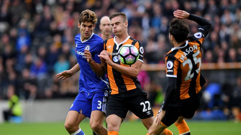 during the Premier League match between Hull City and Chelsea at KCOM Stadium on October 1, 2016 in Hull, England.