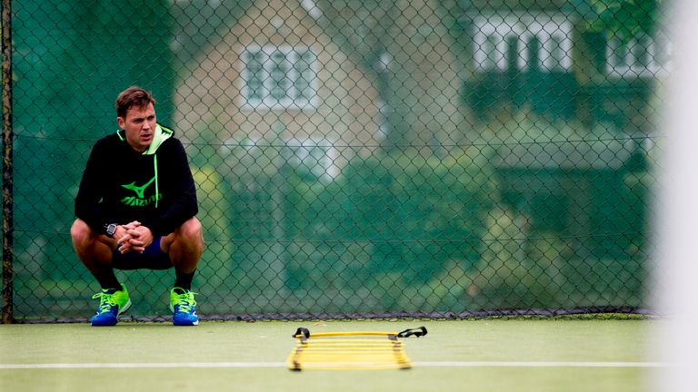 WARWICK, ENGLAND - OCTOBER 07: British tennis player Marcus Willis trains at the Warwick Boat Club as he gets ready to play for a winner-take-all prize of 