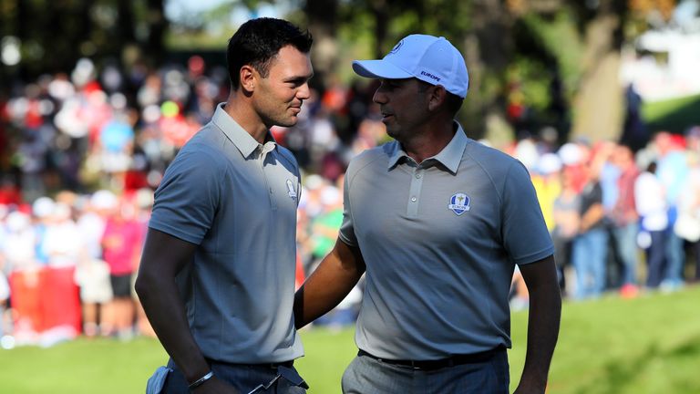 CHASKA, MN - OCTOBER 01: Martin Kaymer and Sergio Garcia of Europe react on the eighth tee during afternoon fourball matches of the 2016 Ryder Cup at Hazel